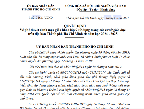 Quyết định số 2134/QĐ-UBND ngày 14/6/2024 của UBND Tp Hồ Chí Minh về việc phê duyệt danh mục Sách giáo khoa lớp 9 sử dụng trong các cơ sở giáo dục trên địa bàn Thành phố Hồ Chí Minh từ năm học 2024-2025