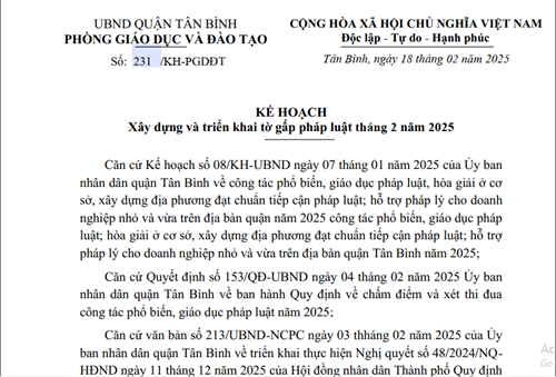 Kế hoạch số 231/KH-PGD ngày 18/2/2025 của Phòng Giáo dục và Đào tạo về xây dựng và phát triển tờ gấp pháp luật tháng 2 năm 2025