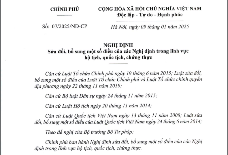 Nghị định số 07/2025/NĐ-CP ngày 09/01/2025 của Chính phủ về sửa đổi, bổ sung một số điều của các Nghị định trong lĩnh vực hộ tịch, quốc tịch, chứng thực