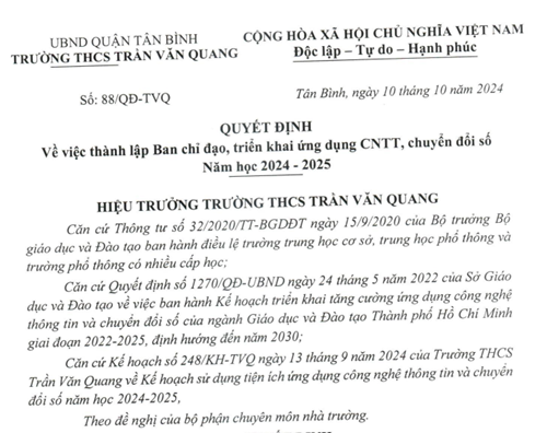Quyết định số 88/QĐ-TVQ ngày 10/10/2024 về ban hành Ban chỉ đạo, triển khai ứng dụng CNTT, chuyển đổi số năm học 2024-2025