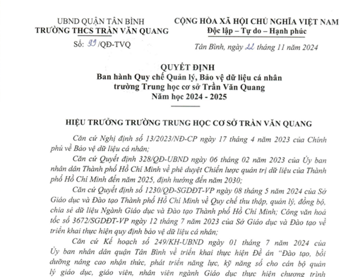 Quyết định số 99/QĐ-TVQ ngày 22/11/2024 Ban hành Quy chế Quản lý, Bảo vệ dữ liệu cá nhân