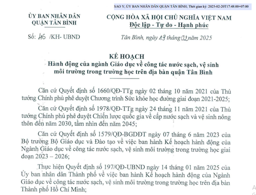 Kế hoạch số 46/KH-UBND ngày 19/02/2025 của UBND quận Tân Bình về hành động của ngành Giáo dục về công tác nước sạch, vệ sinh môi trường trong trường học trên địa bàn Quận Tân Bình