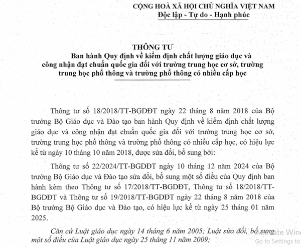 Thông tư số 12 của Bộ Giáo dục và Đào tạo Quy định về quy định kiểm định chất lượng giáo dục và công nhận đạt chuẩn Quốc gia