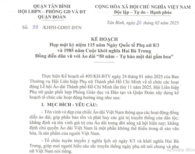 Kế hoạch họp mặt kỷ niệm 115 năm Ngày Quốc tế phụ nữ 8/3 và 1985 năm Cuộc khởi nghĩa Hai Bà Trưng