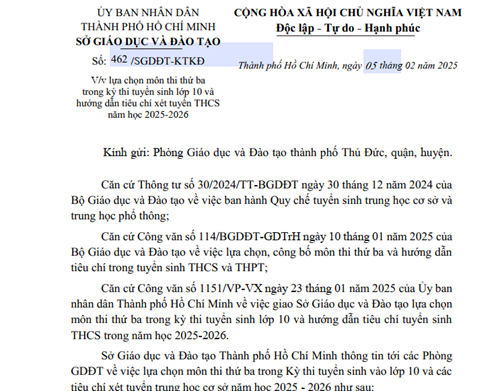Về lựa chọn môn thi thứ ba trong kỳ thi tuyển sinh lớp 10 và hướng dẫn tiêu chí xét tuyển THCS năm học 2025-2026