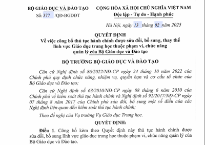 Quyết định số 377/QĐ-BGDĐT ngày 13/02/2025 của Bộ Giáo dục và Đào tạo về việc công bố thủ tục hành chánh được sửa đổi, bổ sung, thay thế lĩnh vực giáo dục phổ thông trung học thuộc phạm vi, chức năng quản lý của Bộ GDĐT