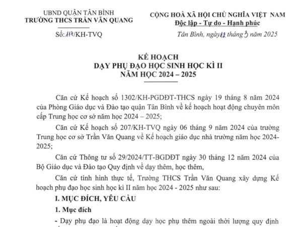 Kế hoạch số 117/KH-TVQ ngày 12/03/2024 về dạy phụ đạo học sinh Học kì II Năm học 2024-2025