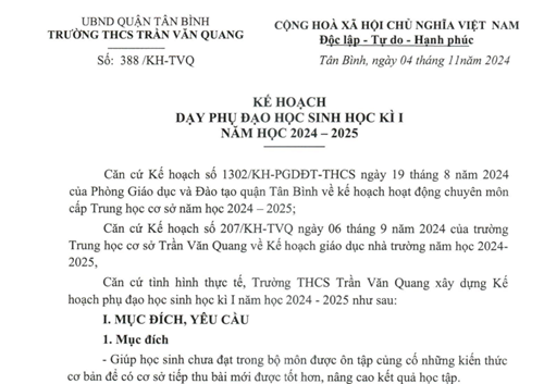 Kế hoạch số 388/KH-TVQ ngày 04/11/2024 về dạy phụ đạo học sinh Học kì I Năm học 2024-2025