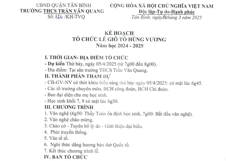 Kế hoạch số 124/KH-TVQ ngày 18/03/2025 về tổ chức Lễ Giỗ tổ Hùng Vương