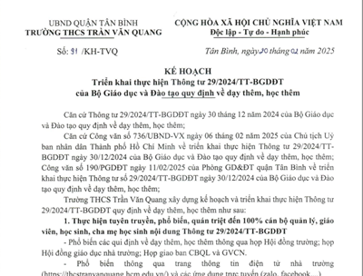 Kế hoạch số 91/KH-TVQ ngày 20/02/2025 về triển khai thực hiện Thông tư 29/2024/TT-BGDĐT của Bộ Giáo dục và Đào tạo quy định về dạy thêm học thêm