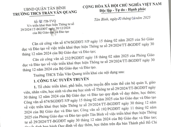 Công văn số 92/TB-TVQ ngày 20/02/2025 về triển khai thực hiện Thông tư số 29/2024/TT-BGDĐT ngày 30/12/2024 của Bộ Giáo dục và Đào tạo