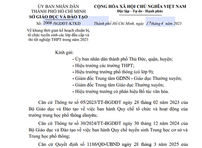 Công văn số 2008/SGDĐT-KTKĐ ngày 17/4/2025 của Sở Giáo dục và Đào tạo về khung thời gian kế hoạch chuẩn bị, tổ chức tuyển sinh các lớp đầu cấp và thi tốt nghiệp THPT năm 2025