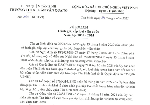 Kế hoạch số 159/KH-TVQ ngày 25 tháng 4 năm 2025 của trường THCS Trần Văn Quang về đánh giá, xếp loại viên chức năm học 2024-2025