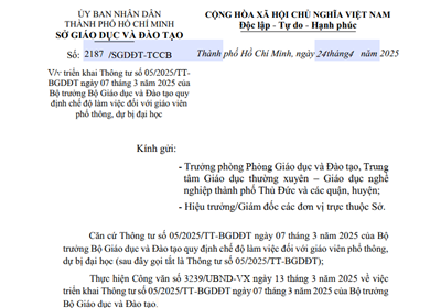 Công văn 2187/SGDĐT-TCCB ngày 24/4/2025 của Sở Giáo dục và Đào tạo về việc triển khai thông tư số 05/2025/TT-BGDĐT ngày 7 tháng 3 năm 2025 của Bộ trưởng Bộ Giáo dục và Đào tạo quy định chế độ làm việc đối với giáo viên phổ thông, dự bị đại học