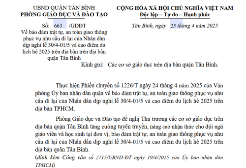 Về đảm bảo trật tự ATGT phục vụ nhu cầu đi lại của Nhân dân dịp lễ 30/4-01/5 và cao điểm du lịch hè 2025 trên địa bàn Quận Tân Bình