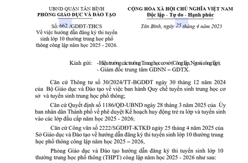 Công văn số 662/PGDĐT-THCS ngày 25/4/2025 của Phòng GDĐT quận Tân Bình về hướng dẫn đăng ký tuyển sinh lớp 10 thường THPT công lập năm học  2025-2026