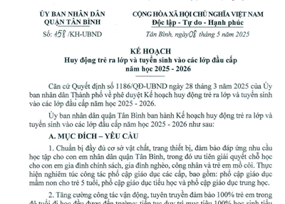 Kế hoạch số 158/KH_UBND ngày 08 tháng 5 năm 2025 của UBND quận Tân Bình về Huy động trẻ ra lớp và tuyển sinh vào các lớp đầu cấp năm học 2025-2026
