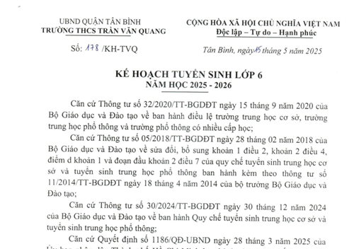 Kế hoạch số 178/KH-TVQ ngày 15 tháng 5 năm 2025 của Trường THCS Trần Văn Quang về Tuyển sinh lớp 6 năm học 2025-2026