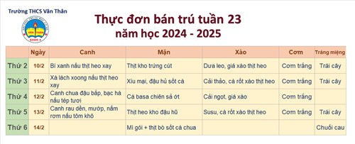 Thực đơn bán trú Tuần 23 NH 2024 - 2025