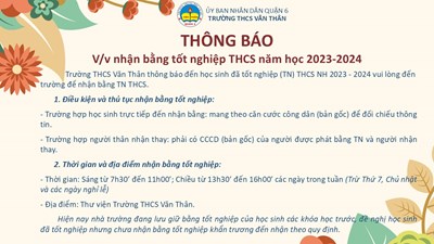 Thông báo về việc nhận bằng tốt nghiệp THCS năm học 2023 - 2024