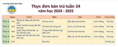 Thực đơn bán trú tuần 24 NH 2024 - 2025