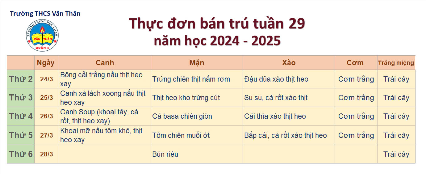 Thực đơn bán trú Tuần 29 NH 2024 - 2025