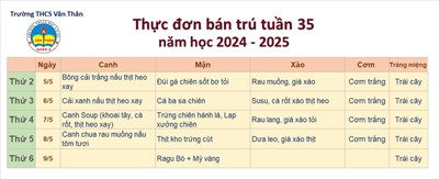 Thực đơn bán trú Tuần 35 NH 2024 - 2025